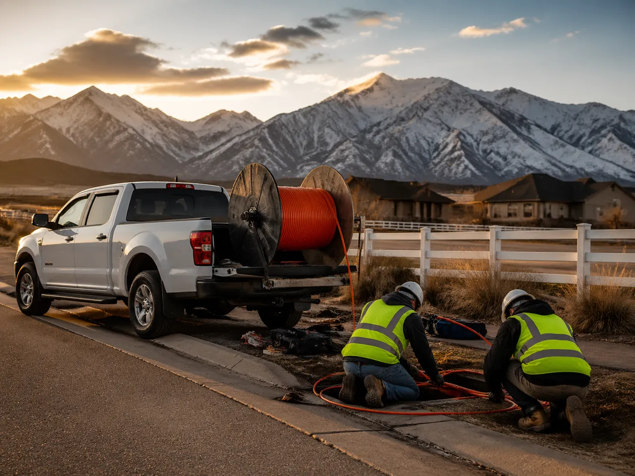 Quartermaster crew at a residential fiber worksite in front of the Wasatch Mountains